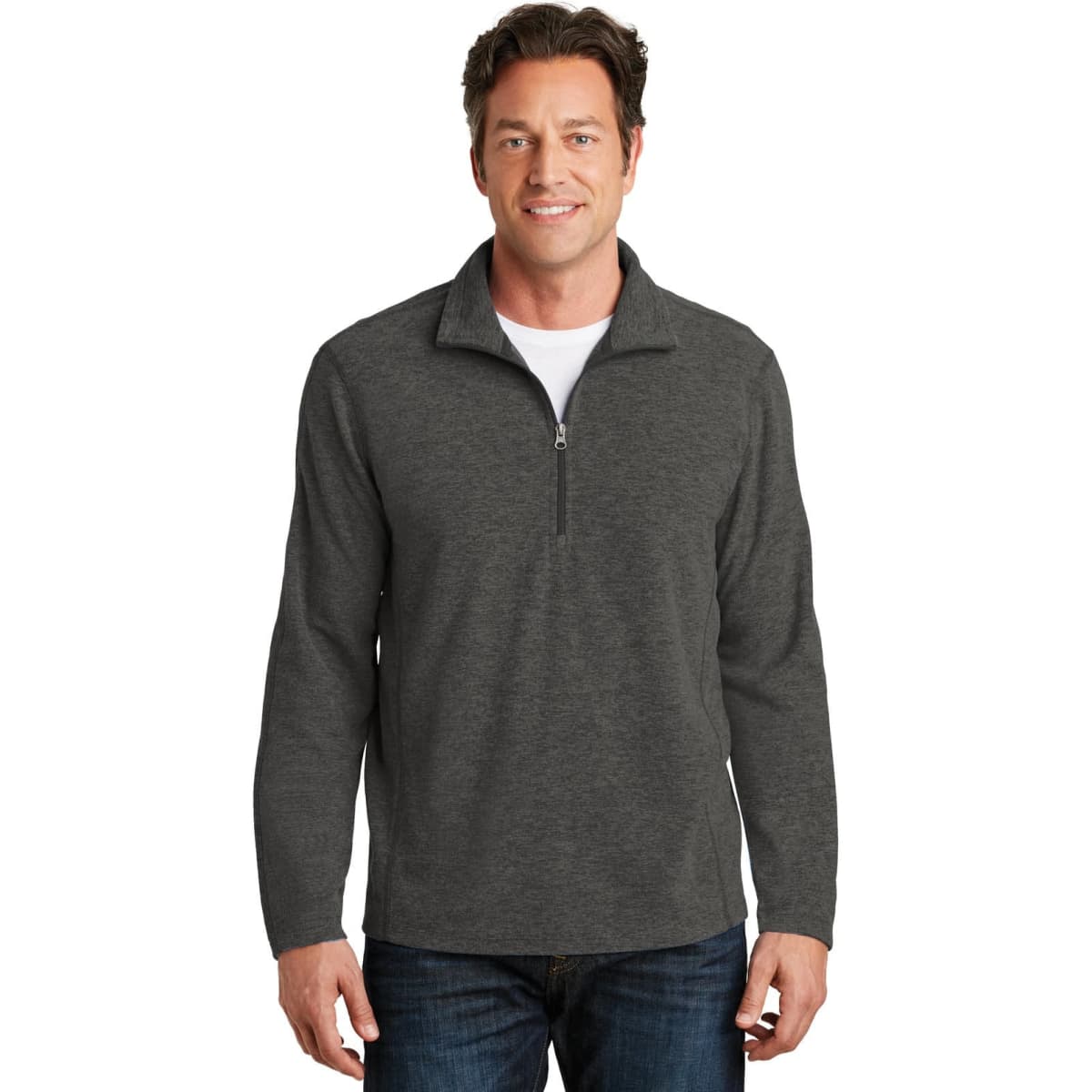 A grey microfleece 1/2-zip pullover with a front zipper and long sleeves, featuring a logo.
