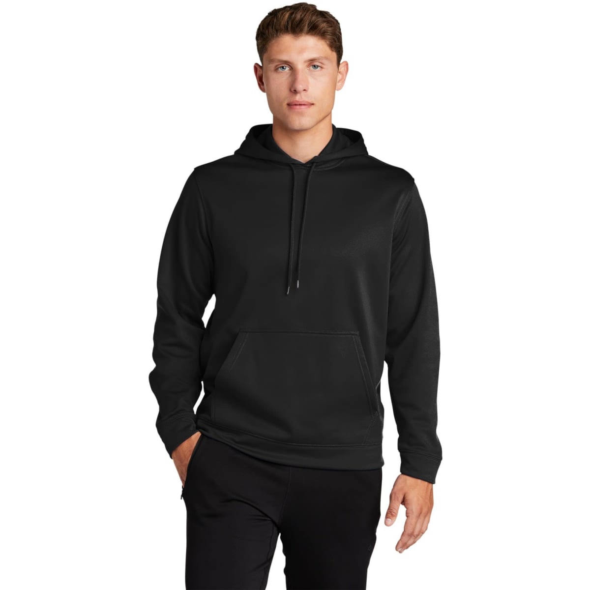 A black hooded pullover made from Sport-Wick fleece with a front pocket and a logo.