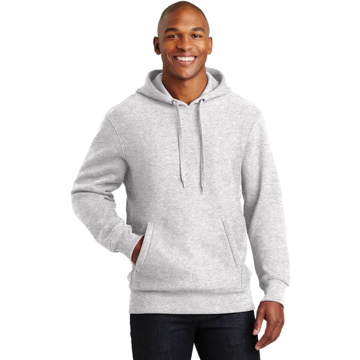 A grey hooded sweatshirt with a front kangaroo pocket and drawstring hood, worn by a smiling man.