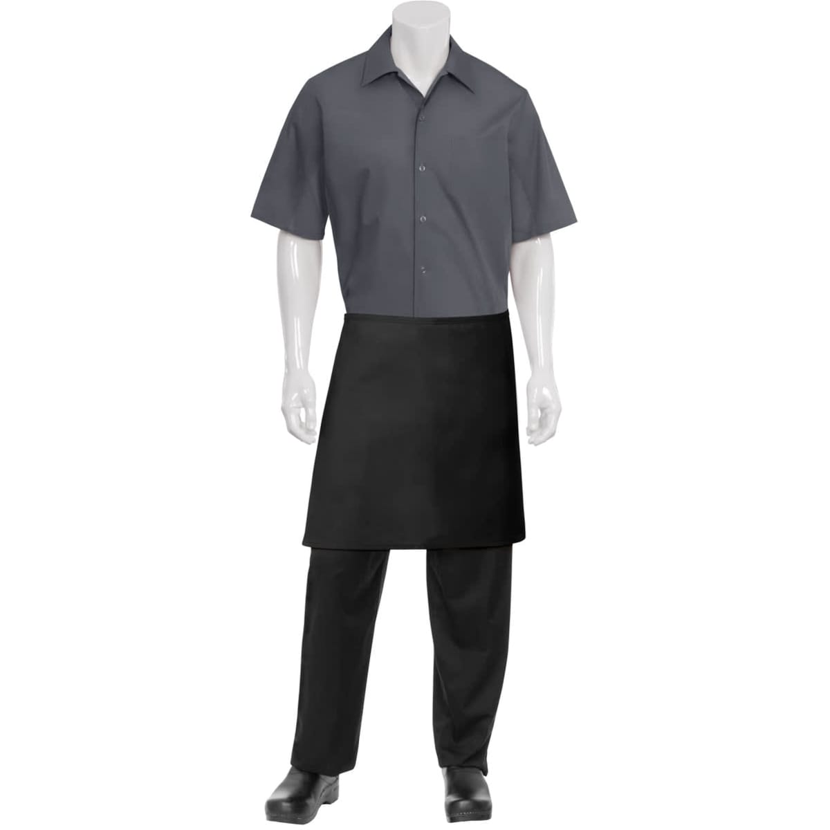 A half black apron without pockets displayed on a mannequin, paired with a grey shirt and black pants.