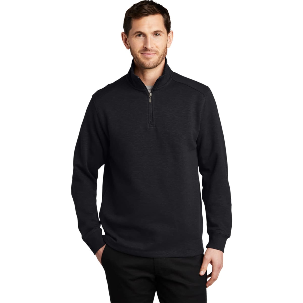 A man wearing a black Port Authority Slub Fleece 1/4-Zip Pullover, featuring long sleeves and a zippered neck.