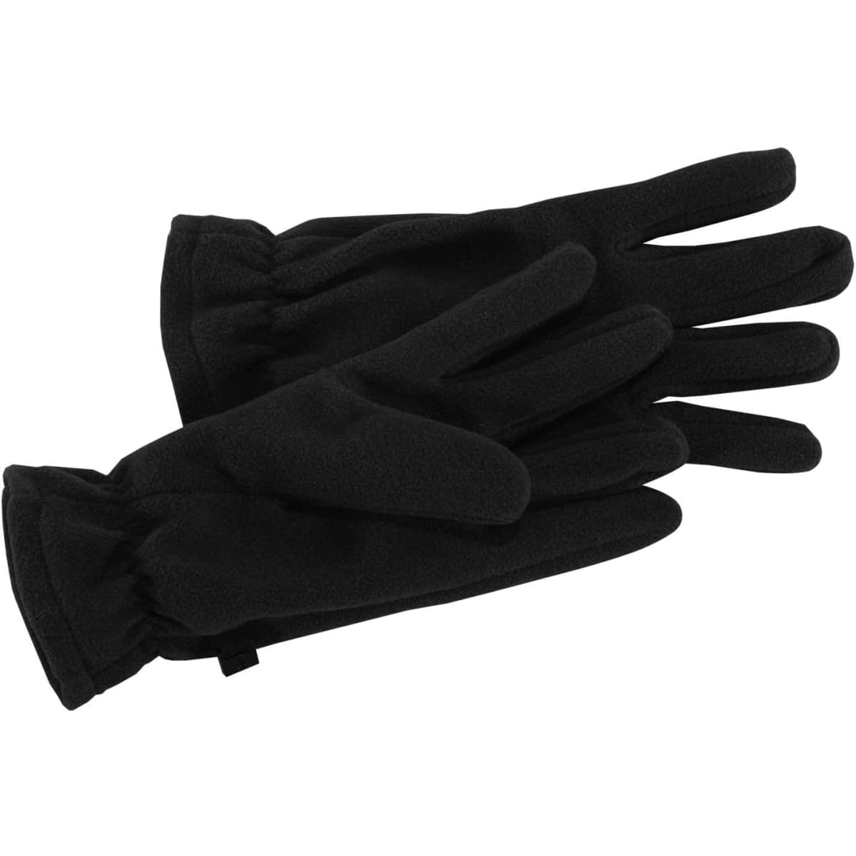 Black fleece gloves with a snug fit, featuring a gathered wrist and a simple design. They have a logo on the wrist.
