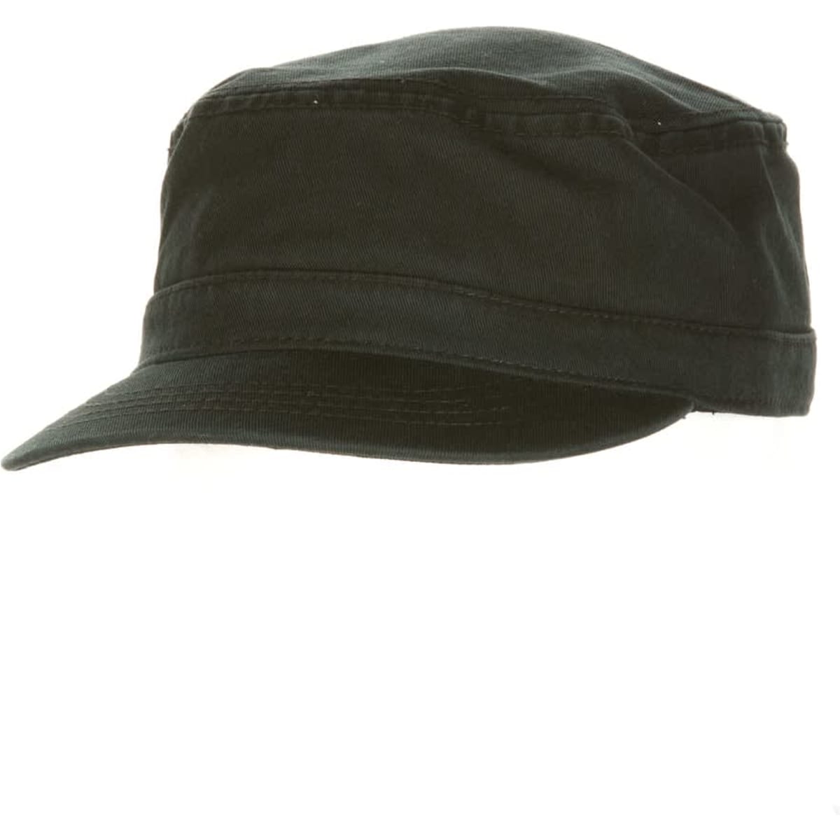 A black military cap with a flat peak and a structured crown, featuring a logo on the side.
