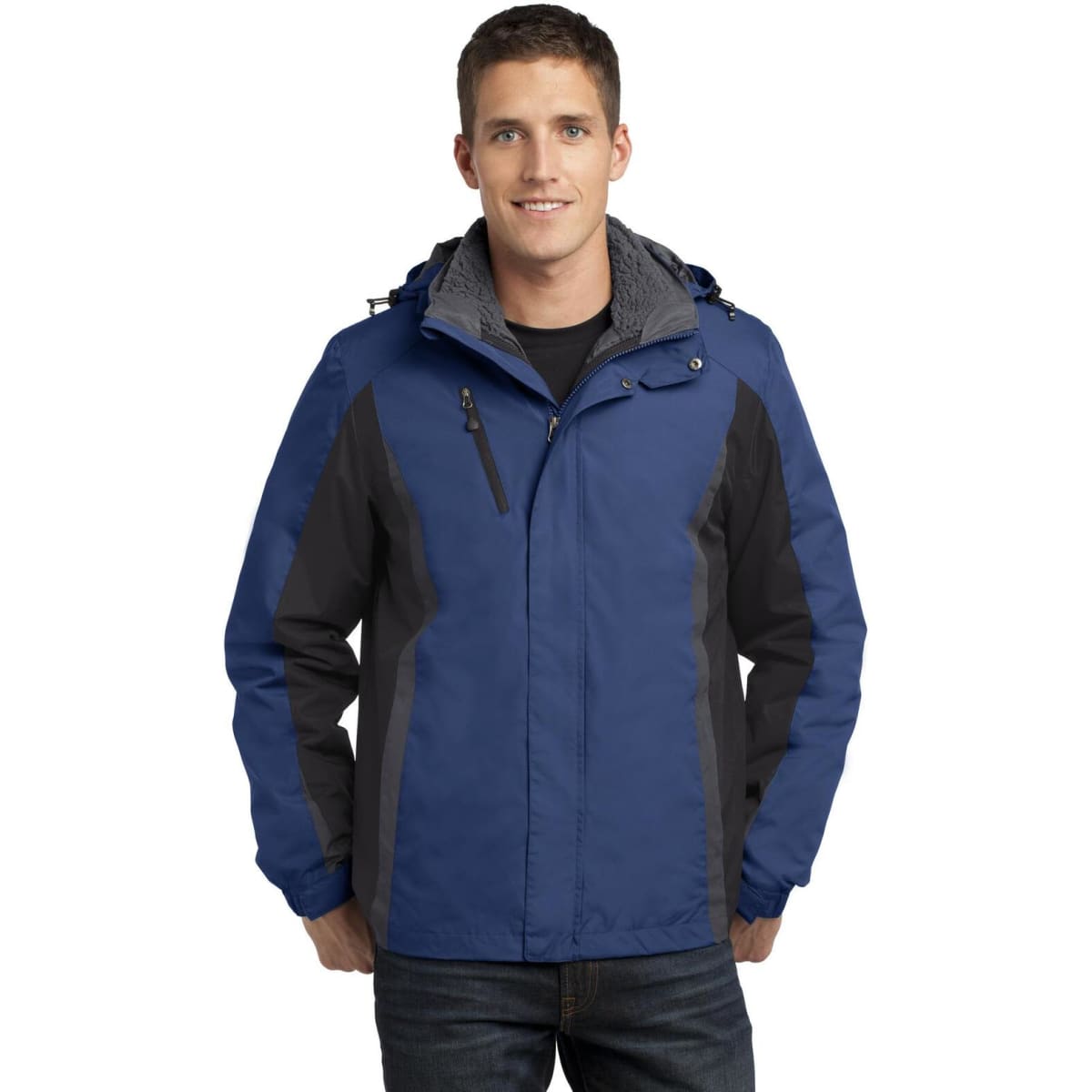A man wearing a blue and black Port Authority Colorblock 3-in-1 jacket with a hood and grey lining.