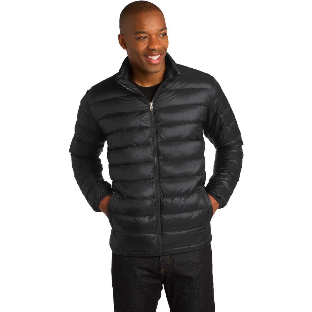 A down jacket in black, featuring a zip-front design and a fitted style, displayed on a smiling model.