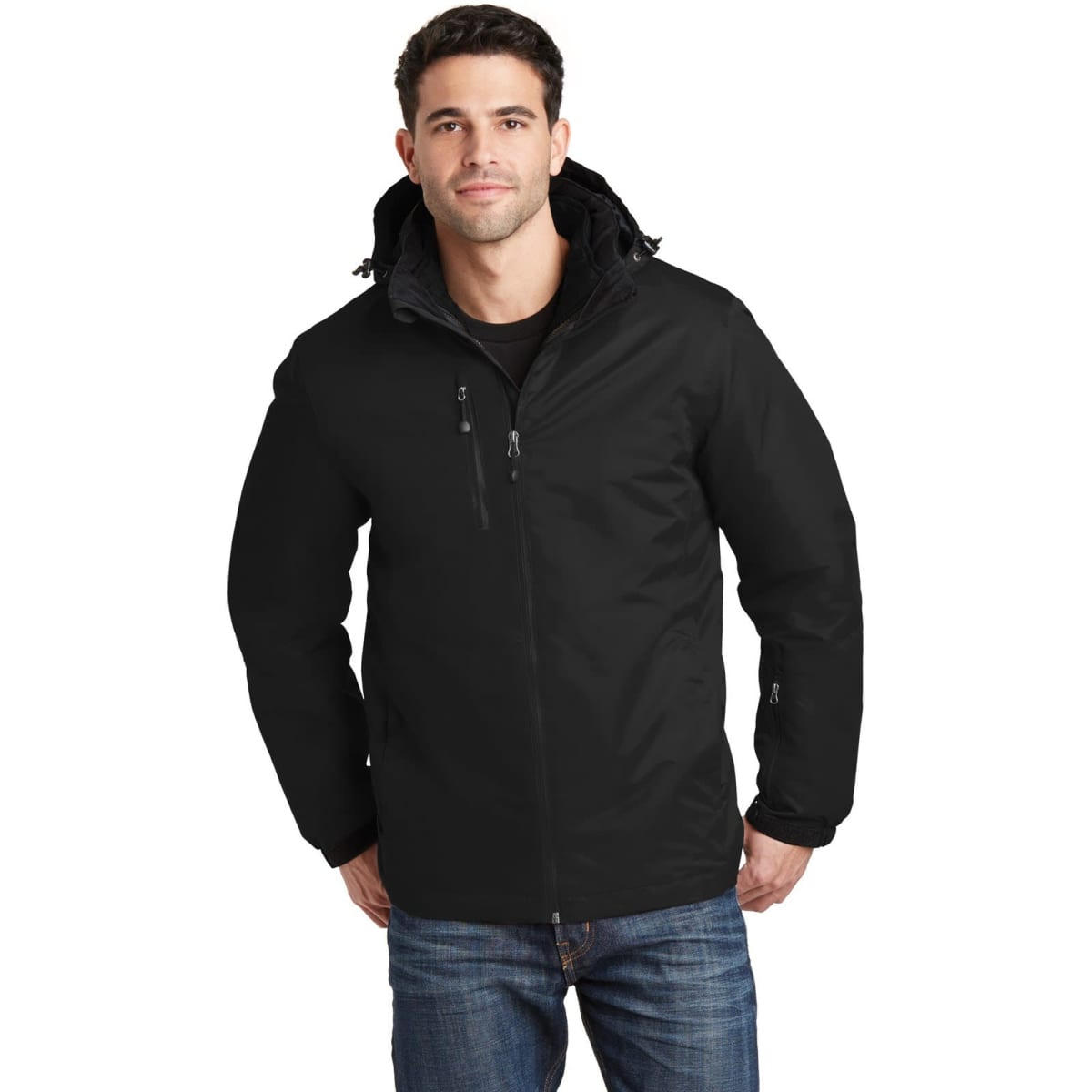 A man is wearing a black Port Authority Vortex Waterproof 3-in-1 Jacket, showcasing its sleek design.