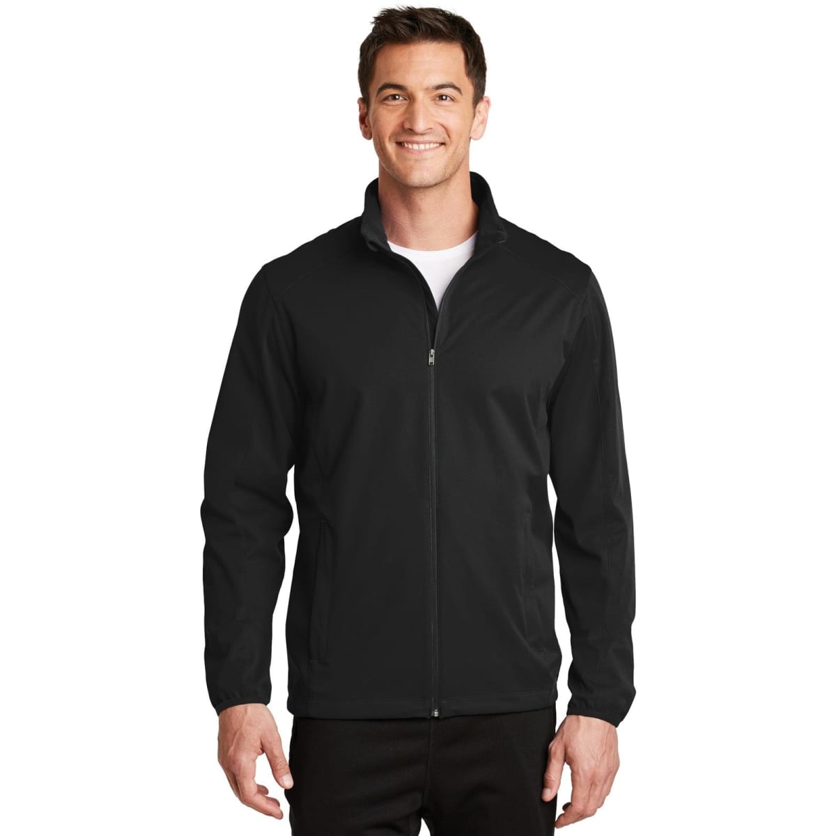 A man wearing a black Port Authority Active Soft Shell Jacket with a zip front and a collar. The jacket features a logo.