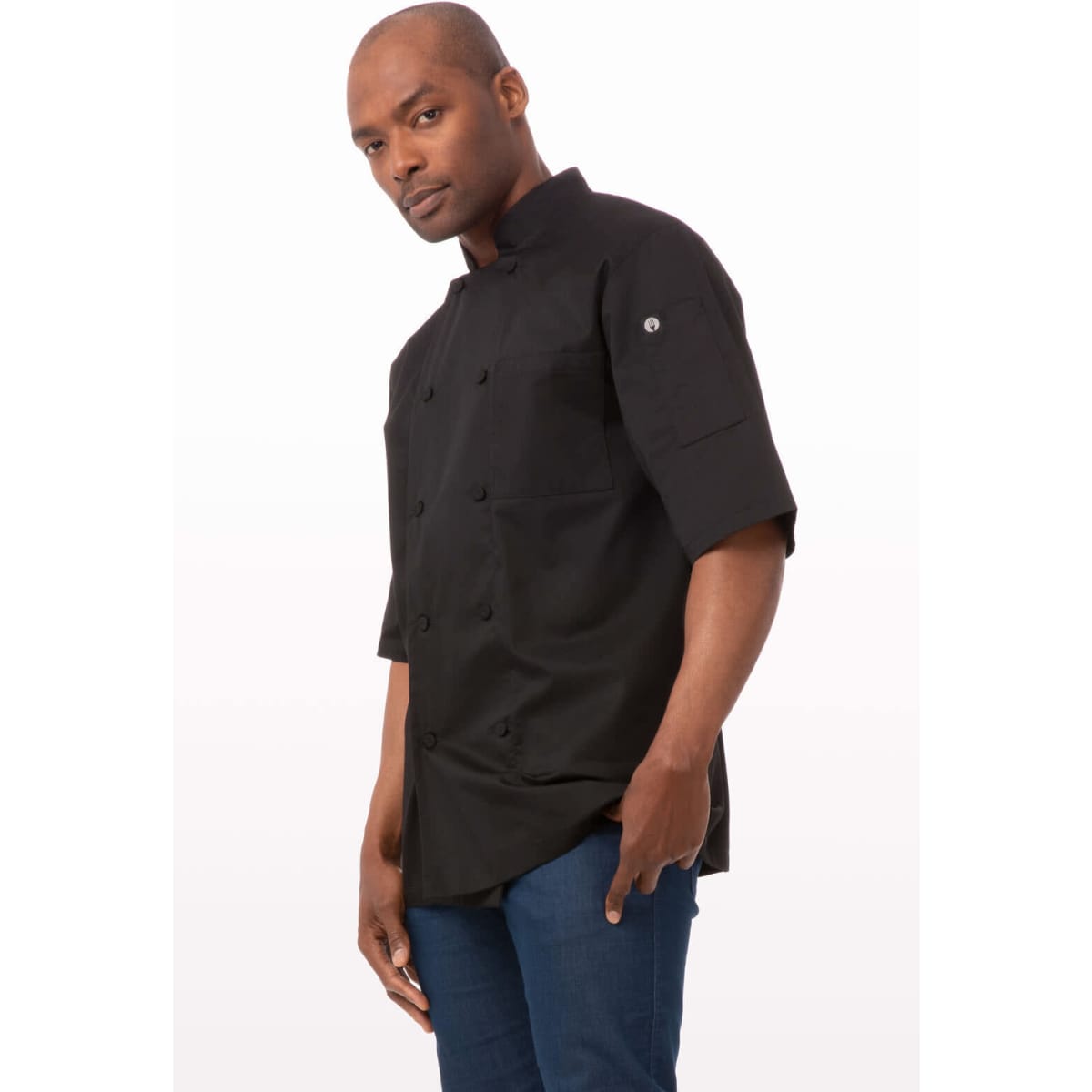 A black men's chef jacket featuring a logo, short sleeves, and a sleek design.