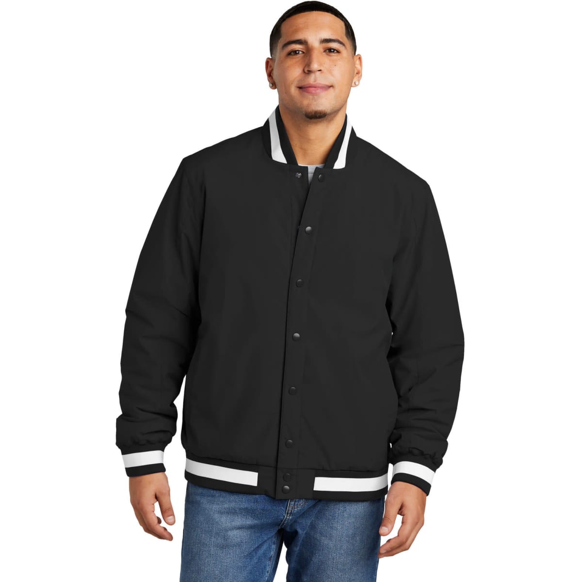 A black Sport-Tek insulated varsity jacket featuring white striped detailing on the collar and cuffs.