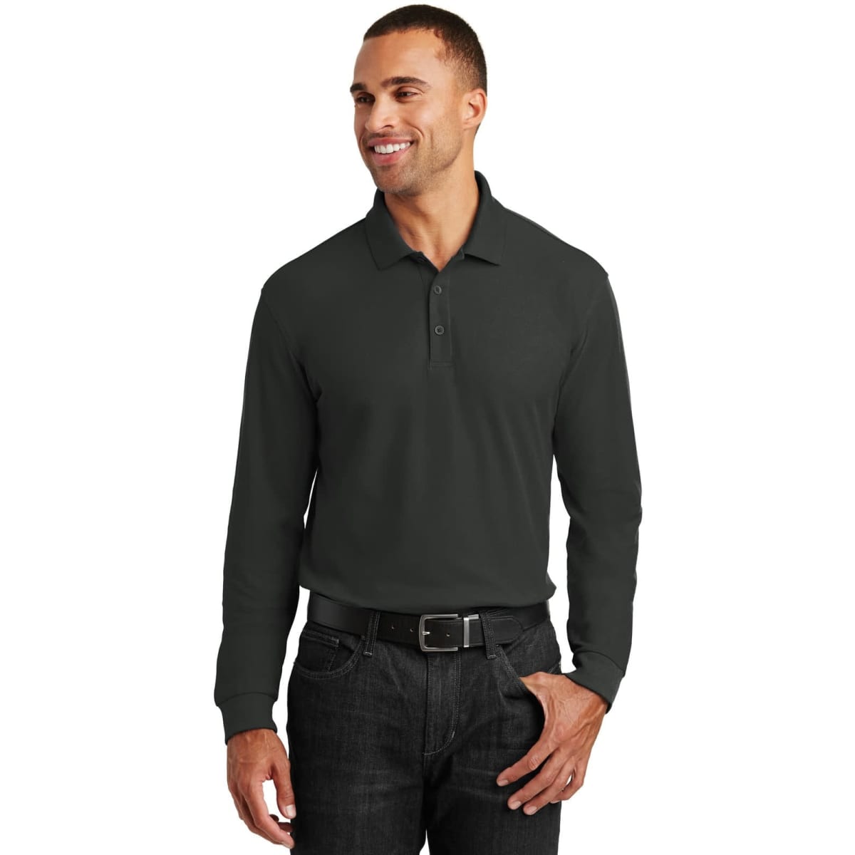 A dark grey long sleeve polo shirt featuring a collar and a logo. Suitable for casual or semi-formal wear.