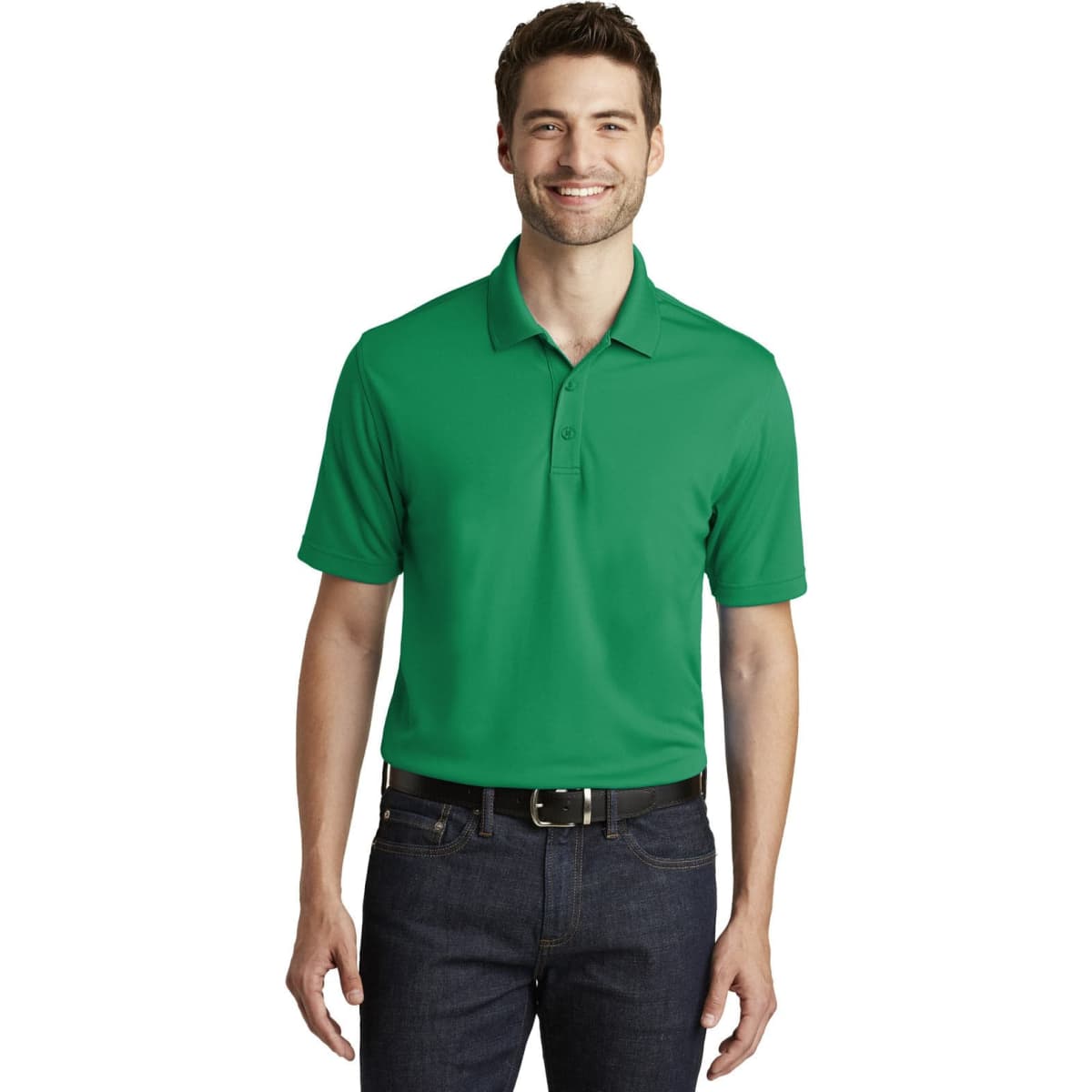 A green polo shirt features a collar and short sleeves, designed in a micro-mesh fabric. It has a logo on the chest.