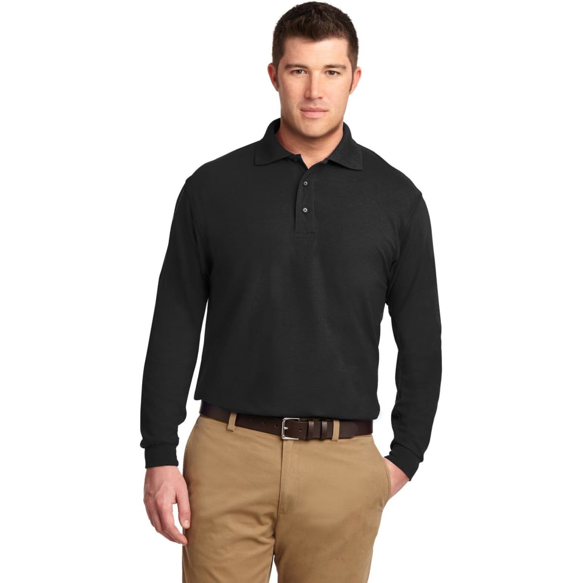 A long sleeve black polo shirt worn by a man, featuring a collar and buttons, with a subtle logo.