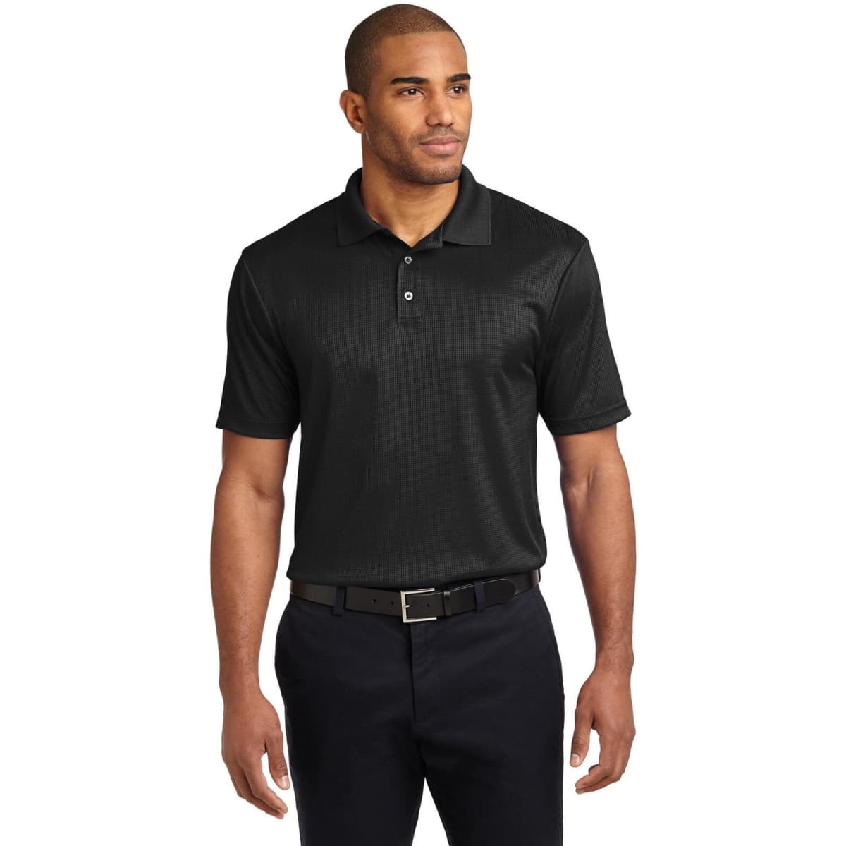 A black performance fine jacquard polo shirt with a collar, short sleeves, and a logo on the chest.