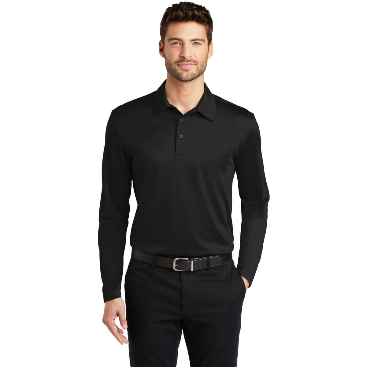 A long sleeve polo shirt in black, featuring a collar and a logo. The model is wearing it with black trousers.