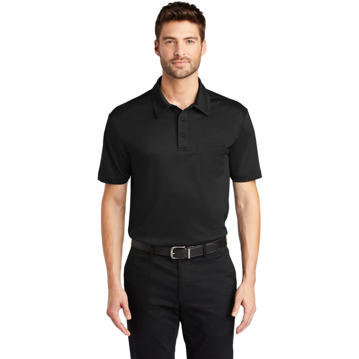A black polo shirt with a pocket, featuring a collar and short sleeves, worn by a model.