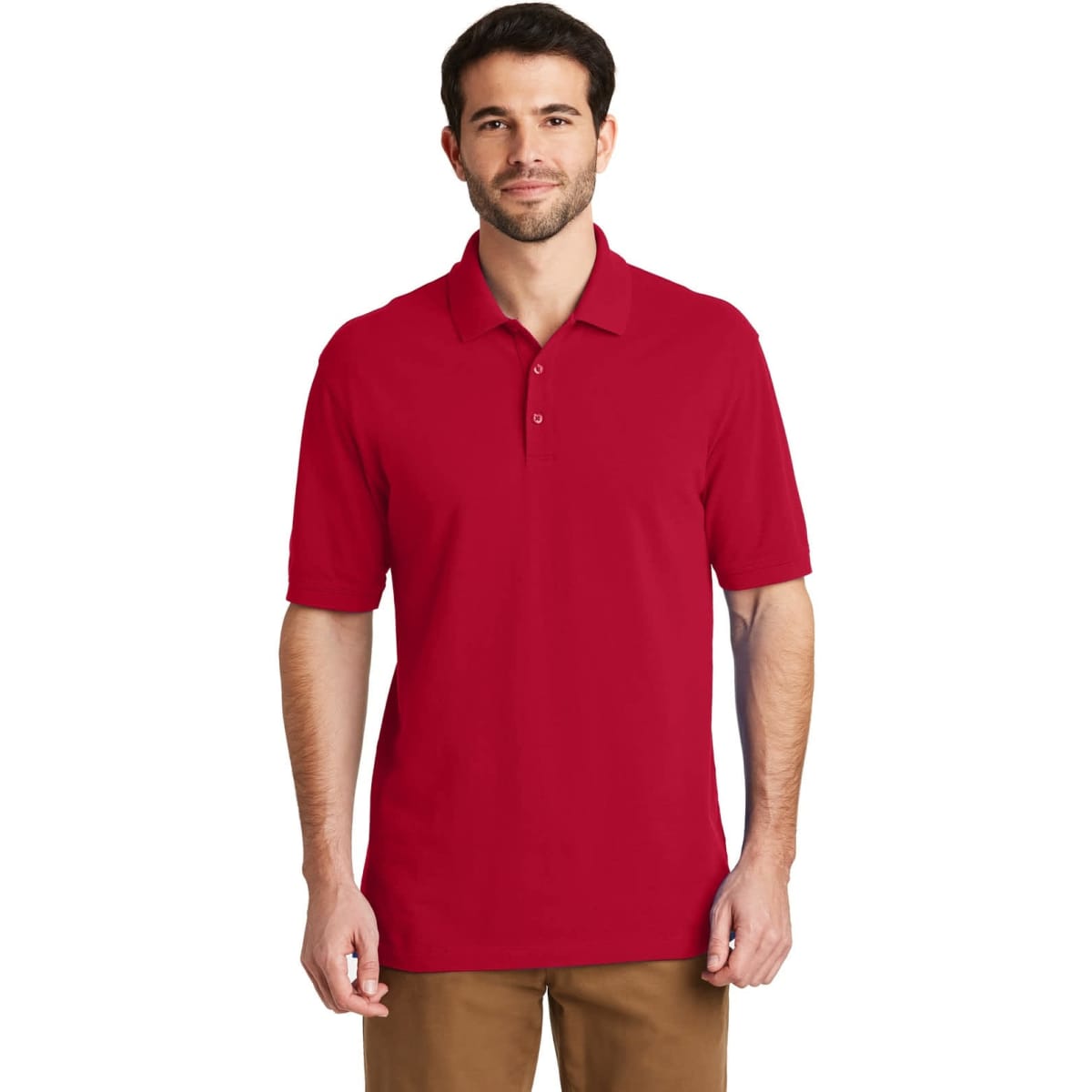 A red polo shirt featuring a collar, short sleeves, and a logo on the chest, modelled by a man.