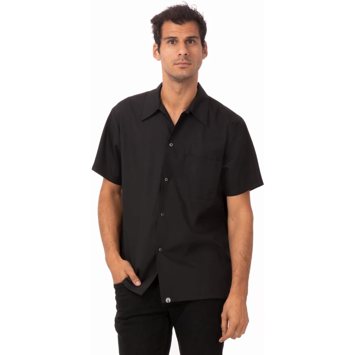 A black utility men's cook shirt featuring a short-sleeve design and a chest pocket. Includes a logo.