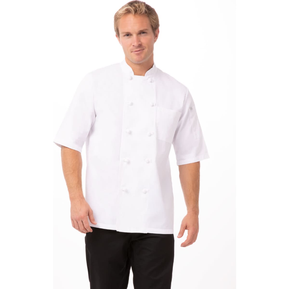 A white men's chef jacket with short sleeves, featuring a front pocket and classic double-breasted design.