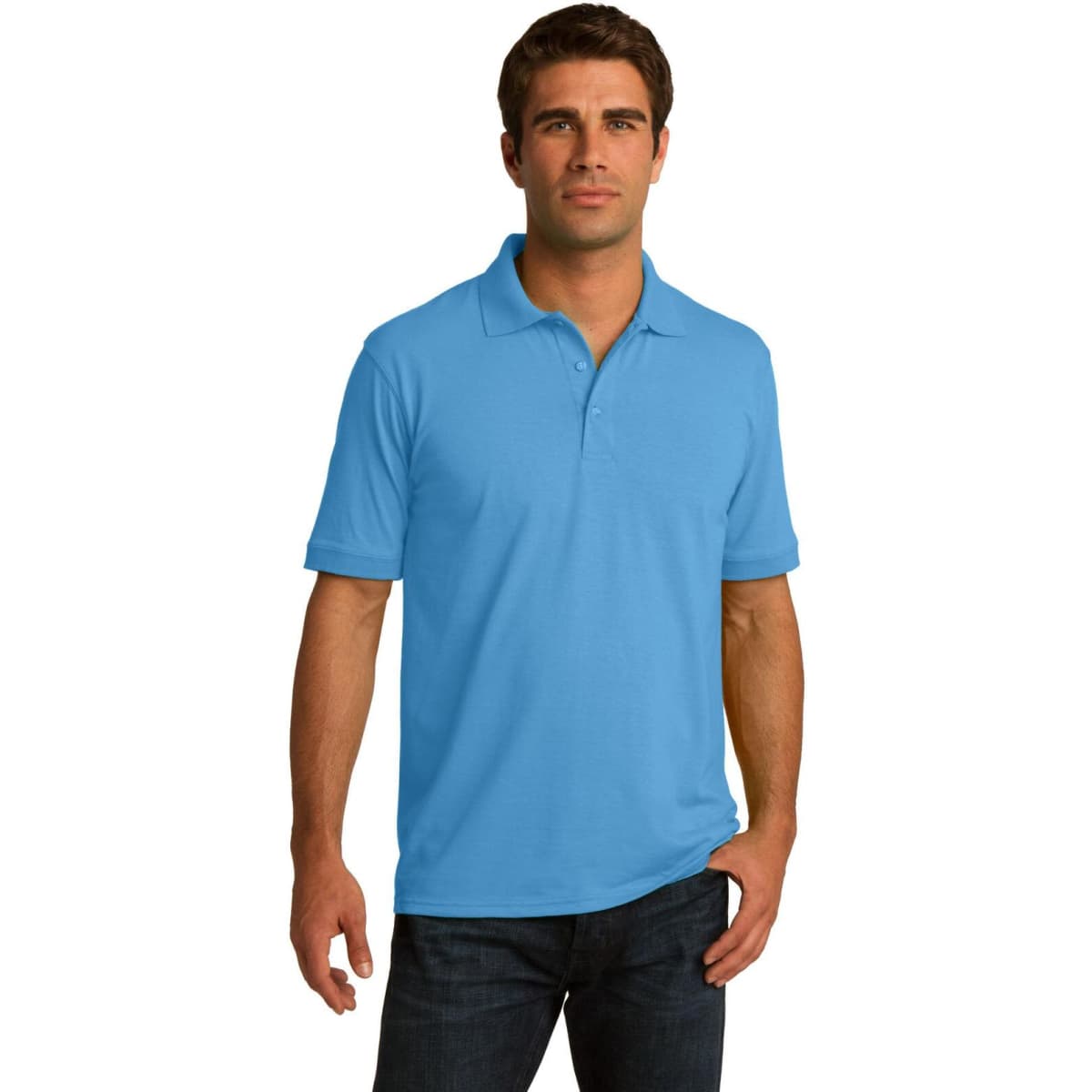 A blue polo shirt on a model, featuring a collar and short sleeves, with a logo on the chest.