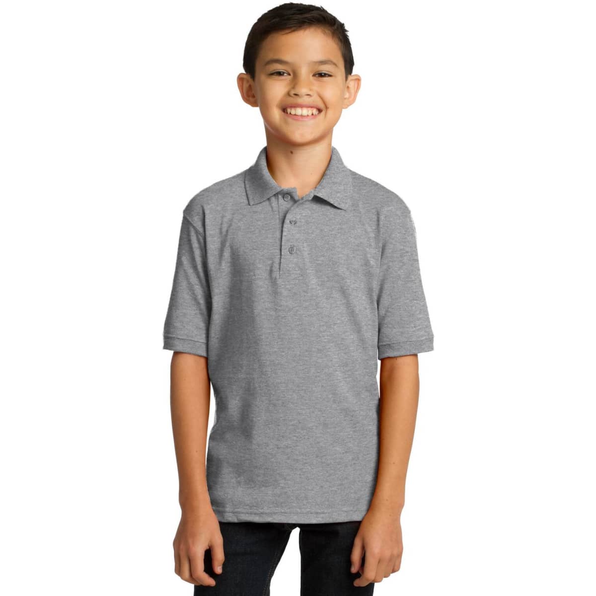 A youth grey polo shirt with a collar and short sleeves, featuring a logo on the chest area. 