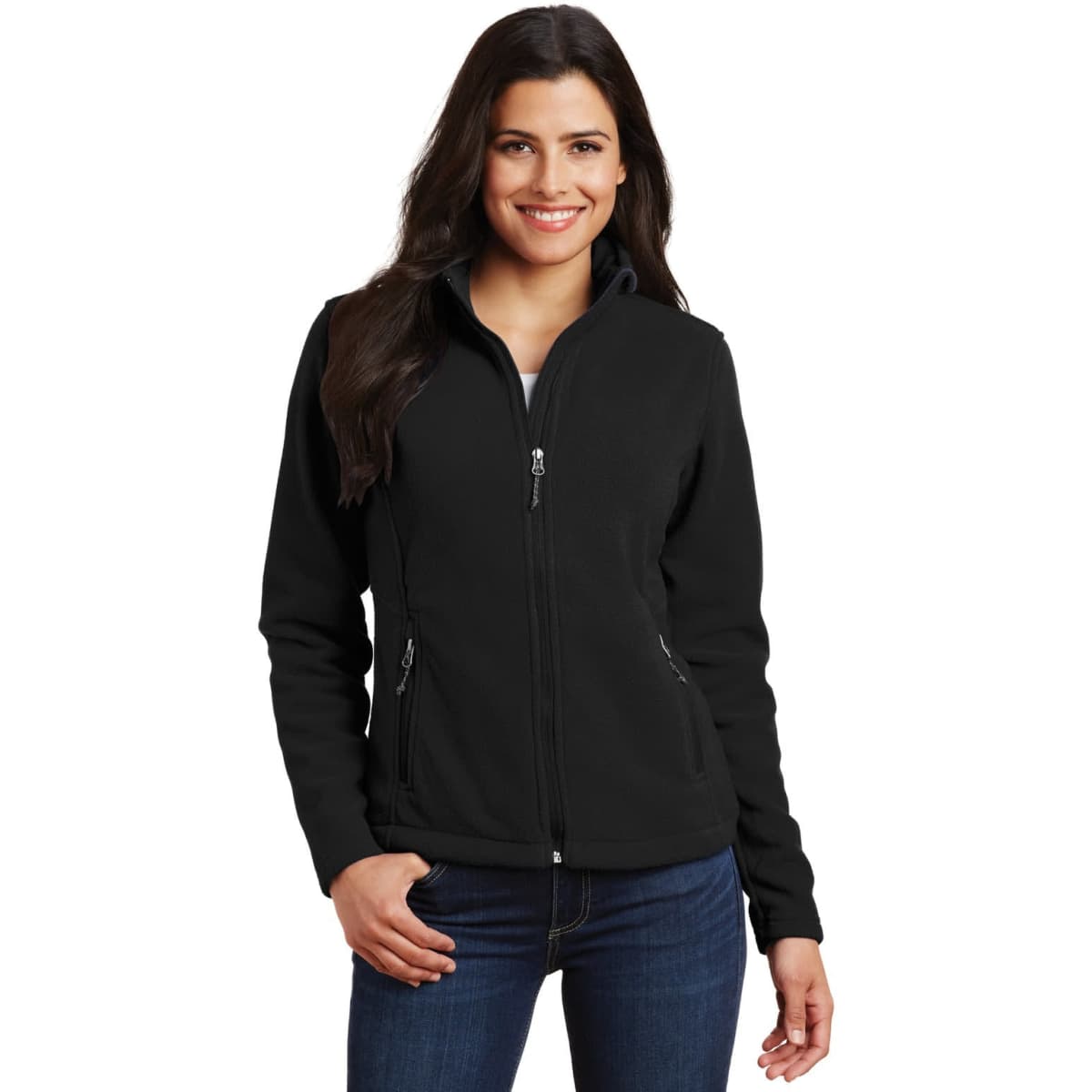 A black fleece jacket for ladies, featuring a zippered front and side pockets, with a logo on the chest.