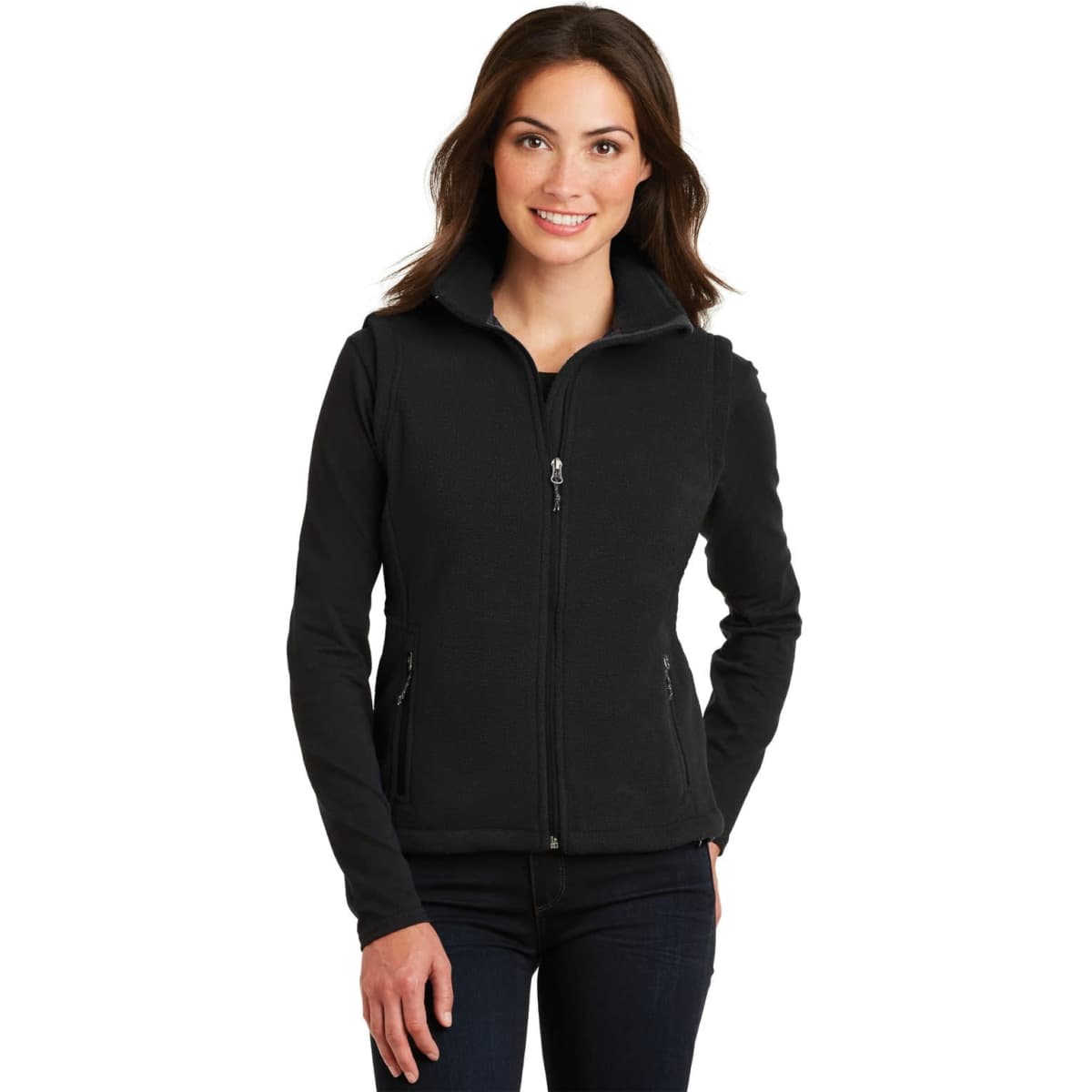A black fleece vest with a high collar, featuring zippered pockets and a fitted silhouette. Includes a branding logo.