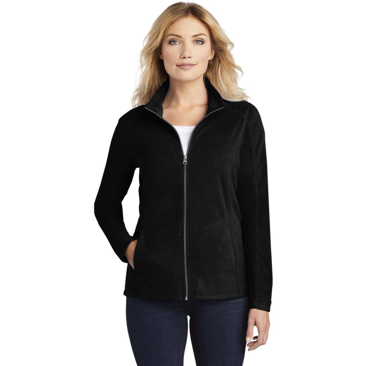 A black microfleece jacket for ladies, featuring a zip front and a collar, with two side pockets.