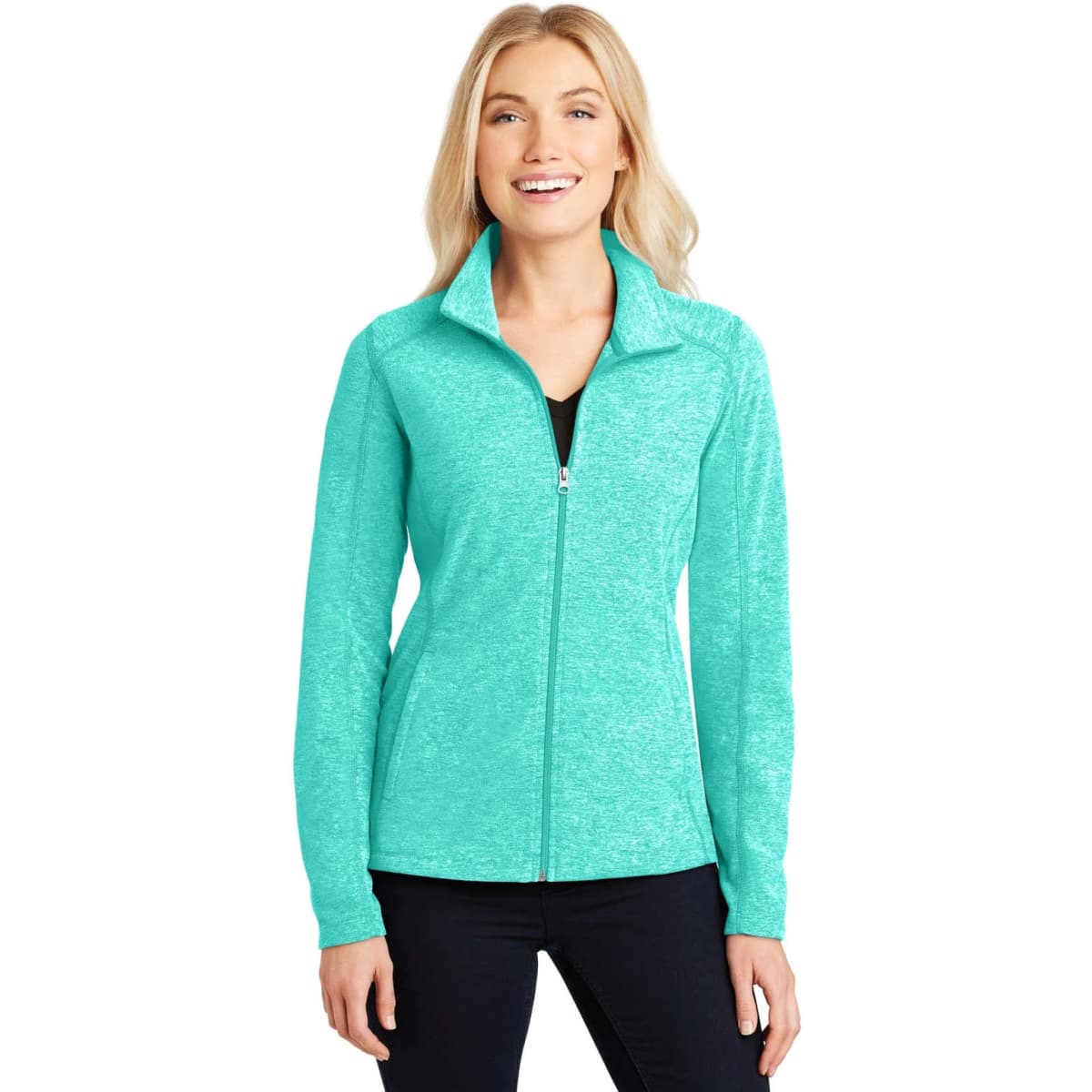 A turquoise full-zip jacket made from microfleece, featuring a collar and long sleeves. Includes a logo.