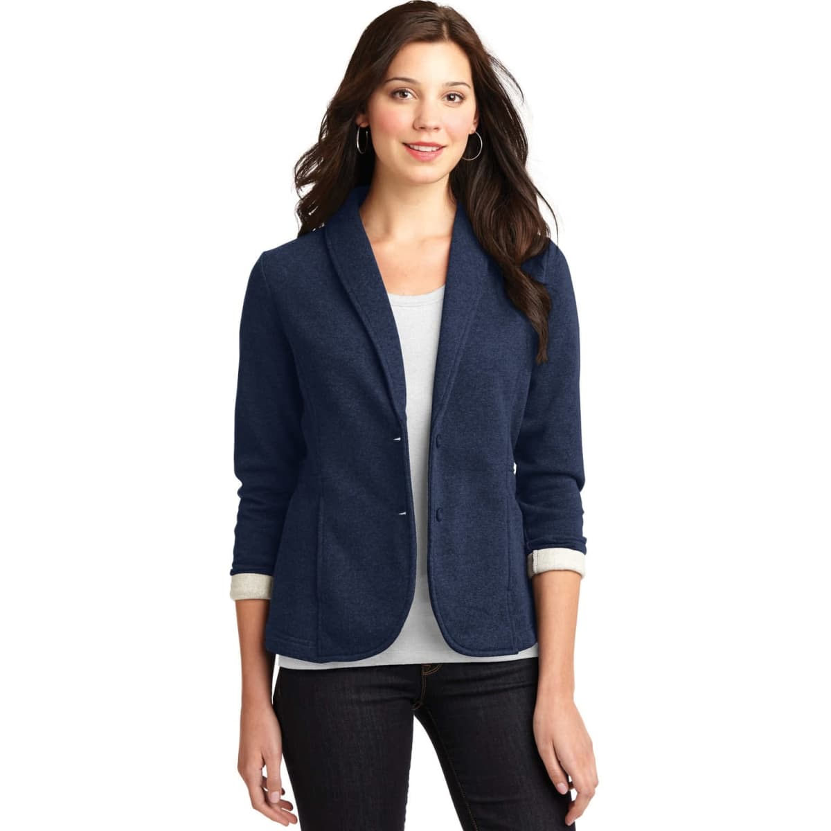 A navy fleece blazer with a shawl collar and three-quarter sleeves, featuring a subtle logo.