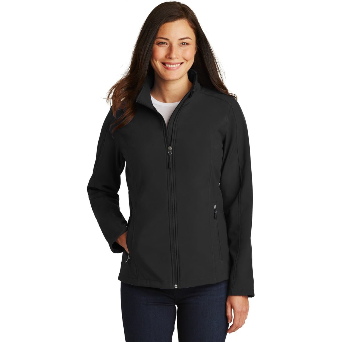A black ladies' soft shell jacket with a zip front, featuring a collar and pockets, and a logo on the chest.