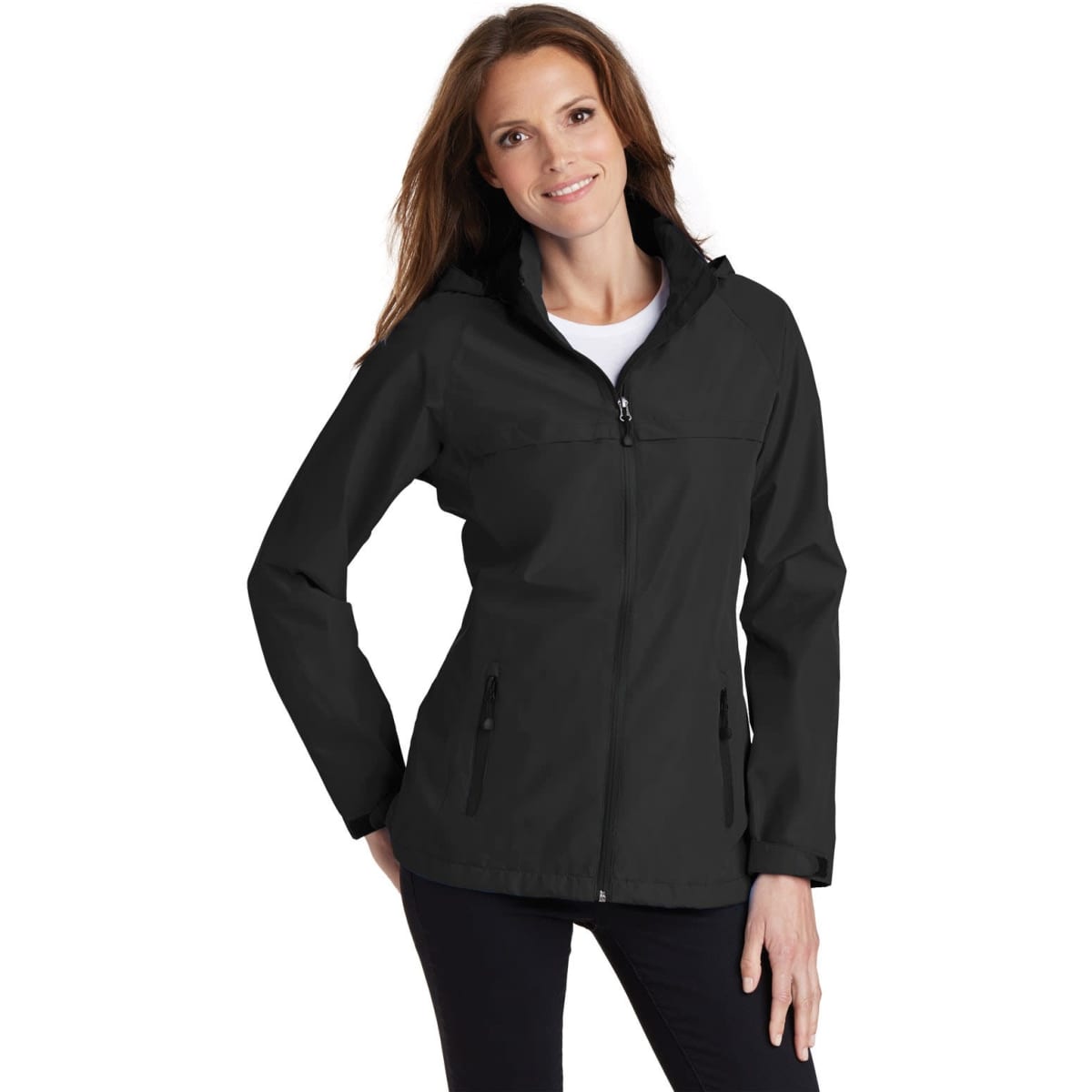 A waterproof black jacket with a hood, featuring zippers and pockets, showcased on a model.