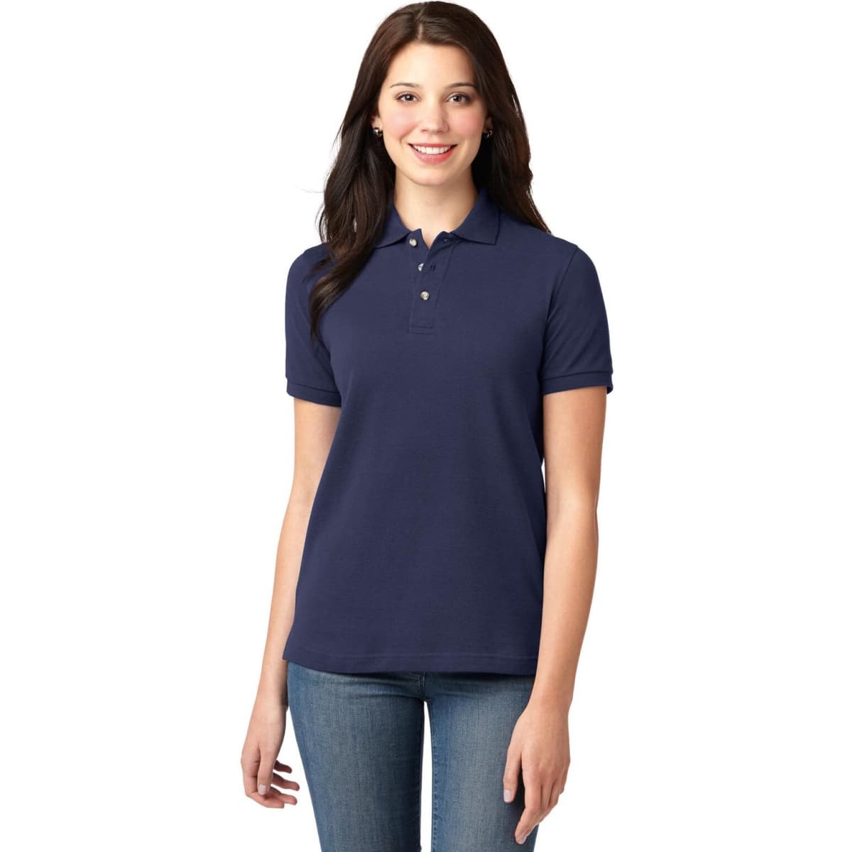 A navy polo shirt with short sleeves, featuring a classic collar and a logo on the chest.