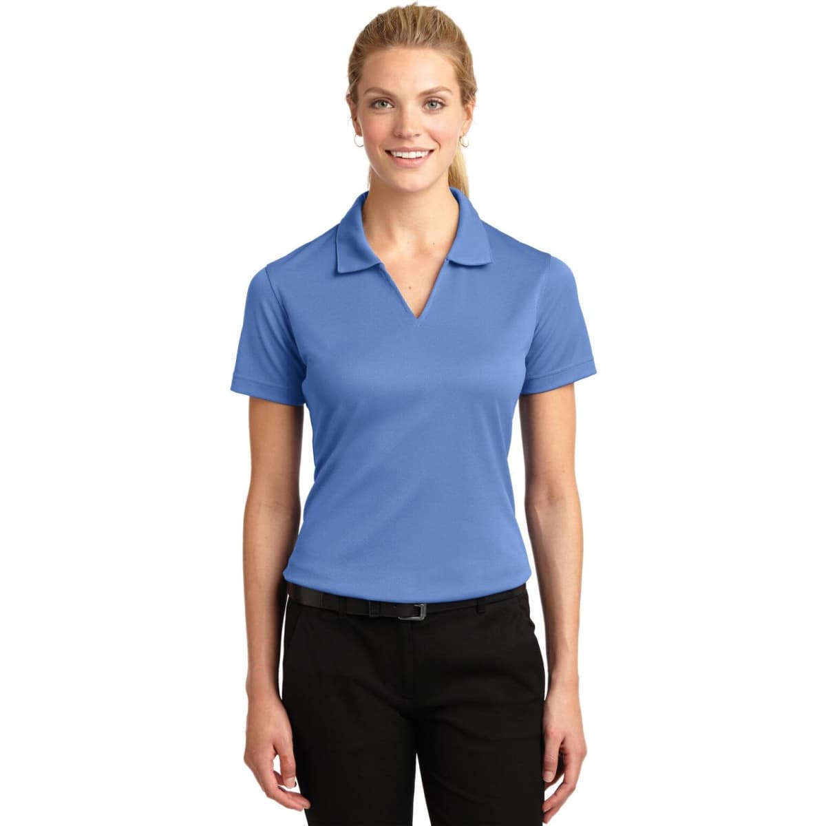 A blue Sport-Tek Ladies Dri-Mesh V-Neck Polo shirt displayed on a model, featuring a collar and a branding logo.