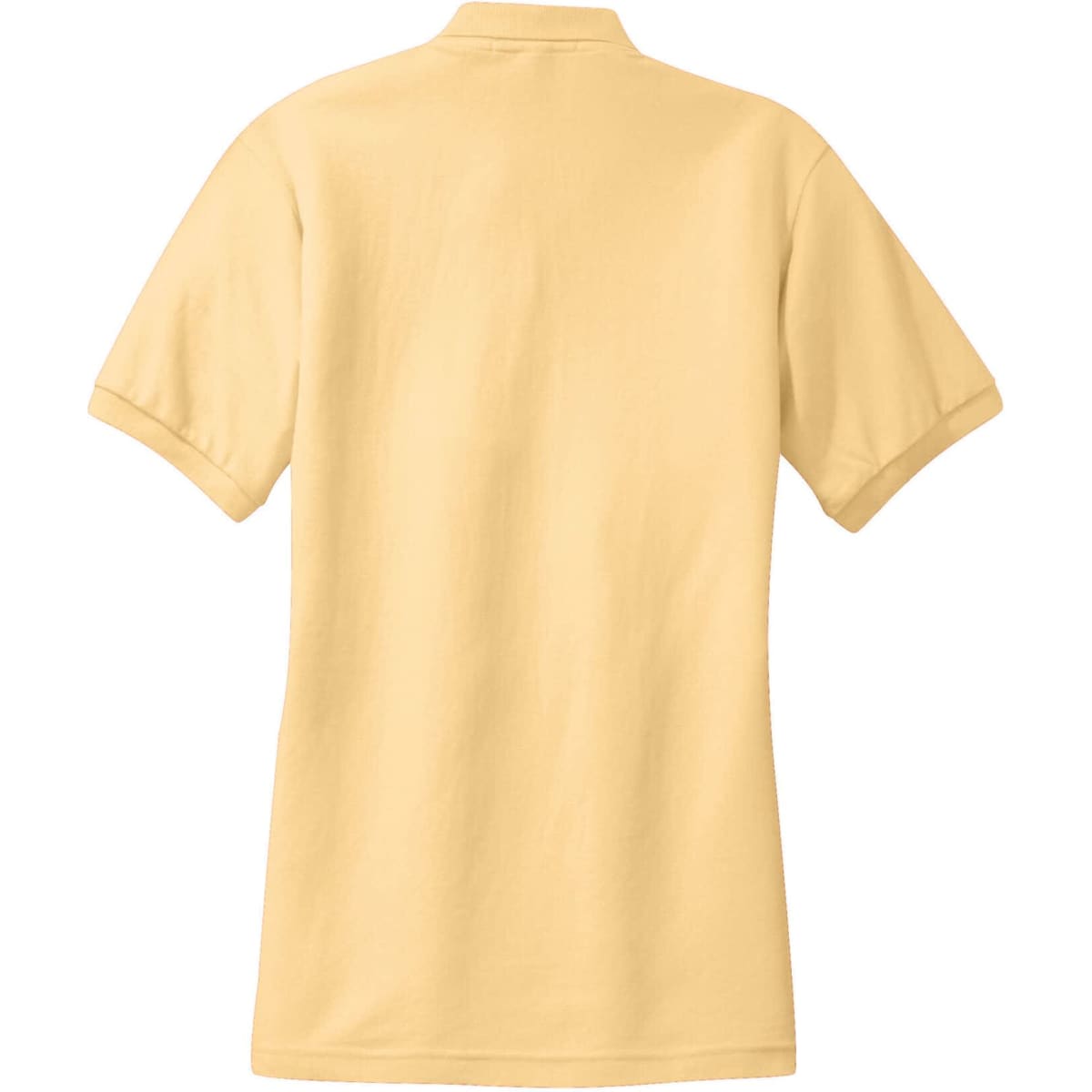 A short-sleeved women's polo shirt in a light yellow shade, featuring a collar and a logo on the back.