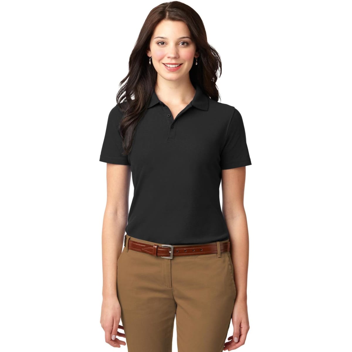 A black stain-resistant polo shirt on a woman, paired with brown trousers, featuring a logo on the chest.
