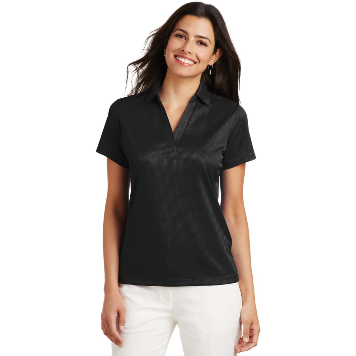 A black ladies' polo shirt made of fine jacquard fabric, featuring a collar and short sleeves. It has a logo.