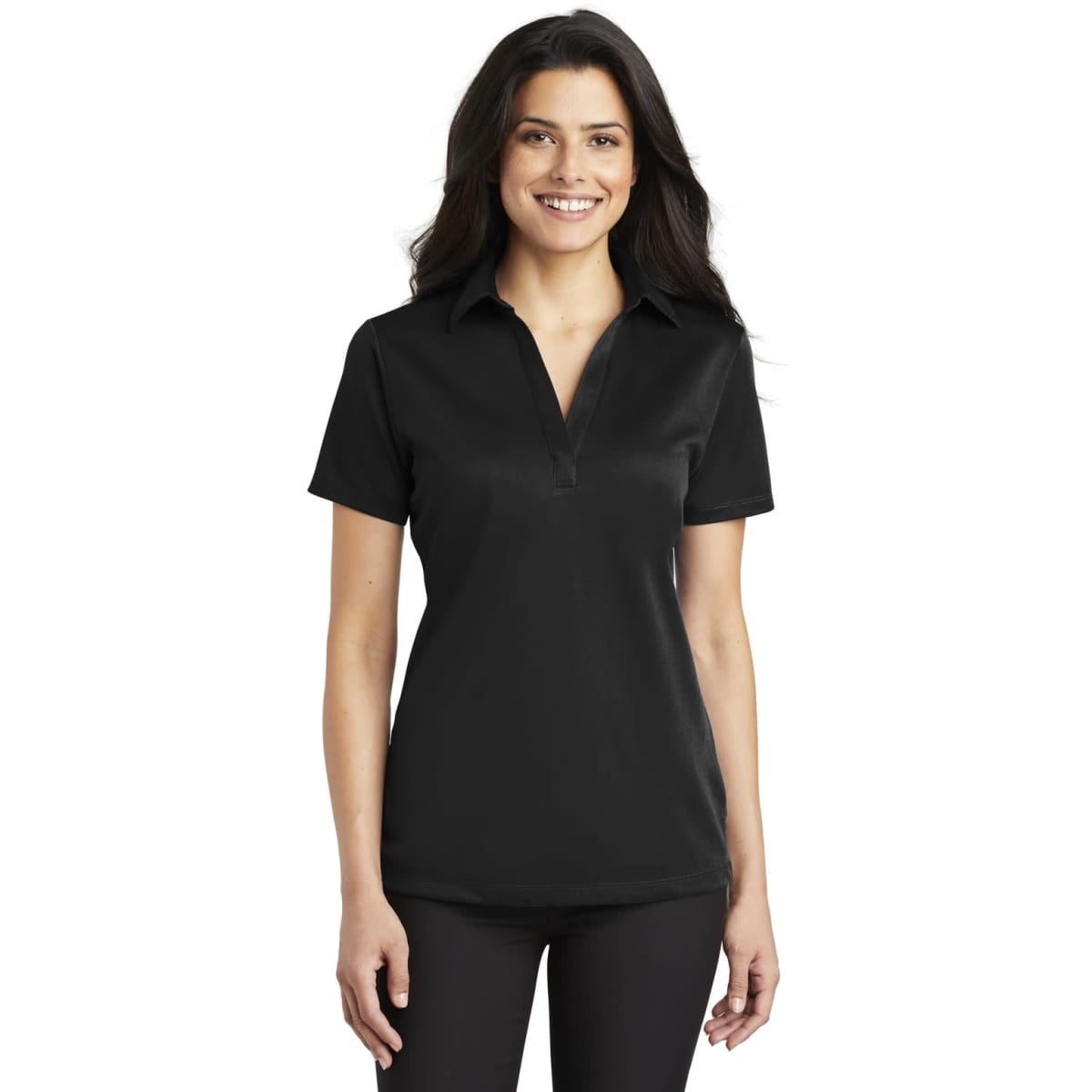 A black ladies' polo shirt with a collar and short sleeves, featuring a logo.