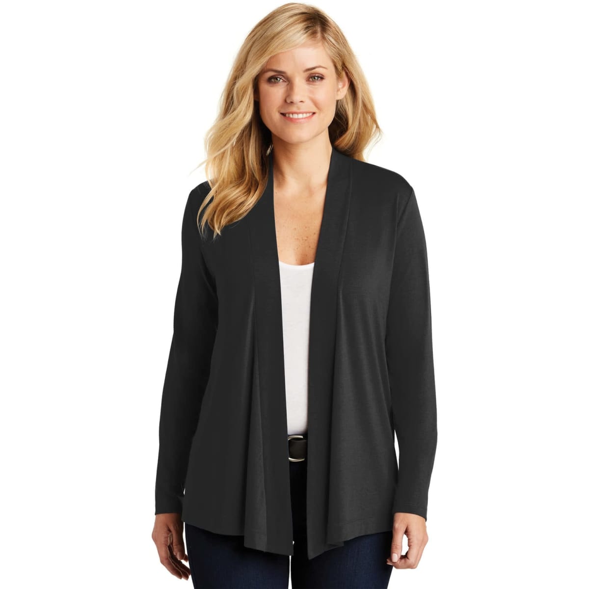 A black ladies' cardigan with a draped front and long sleeves, featuring a model wearing it.