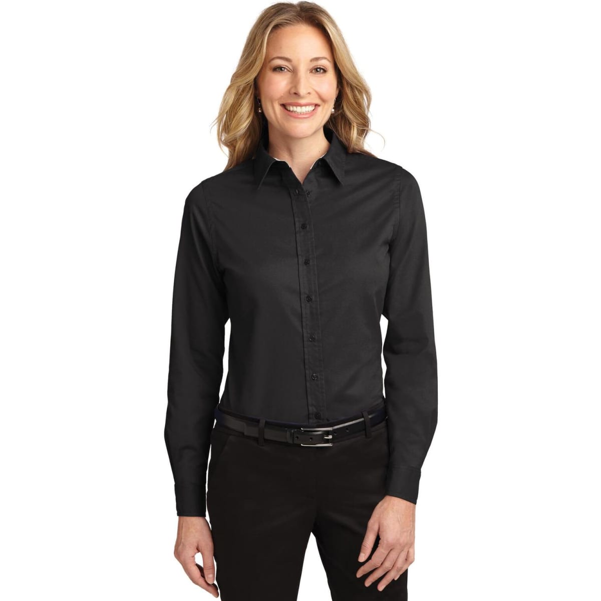 A black long sleeve button-up shirt for women, featuring a collar and a fitted design. Includes a logo.