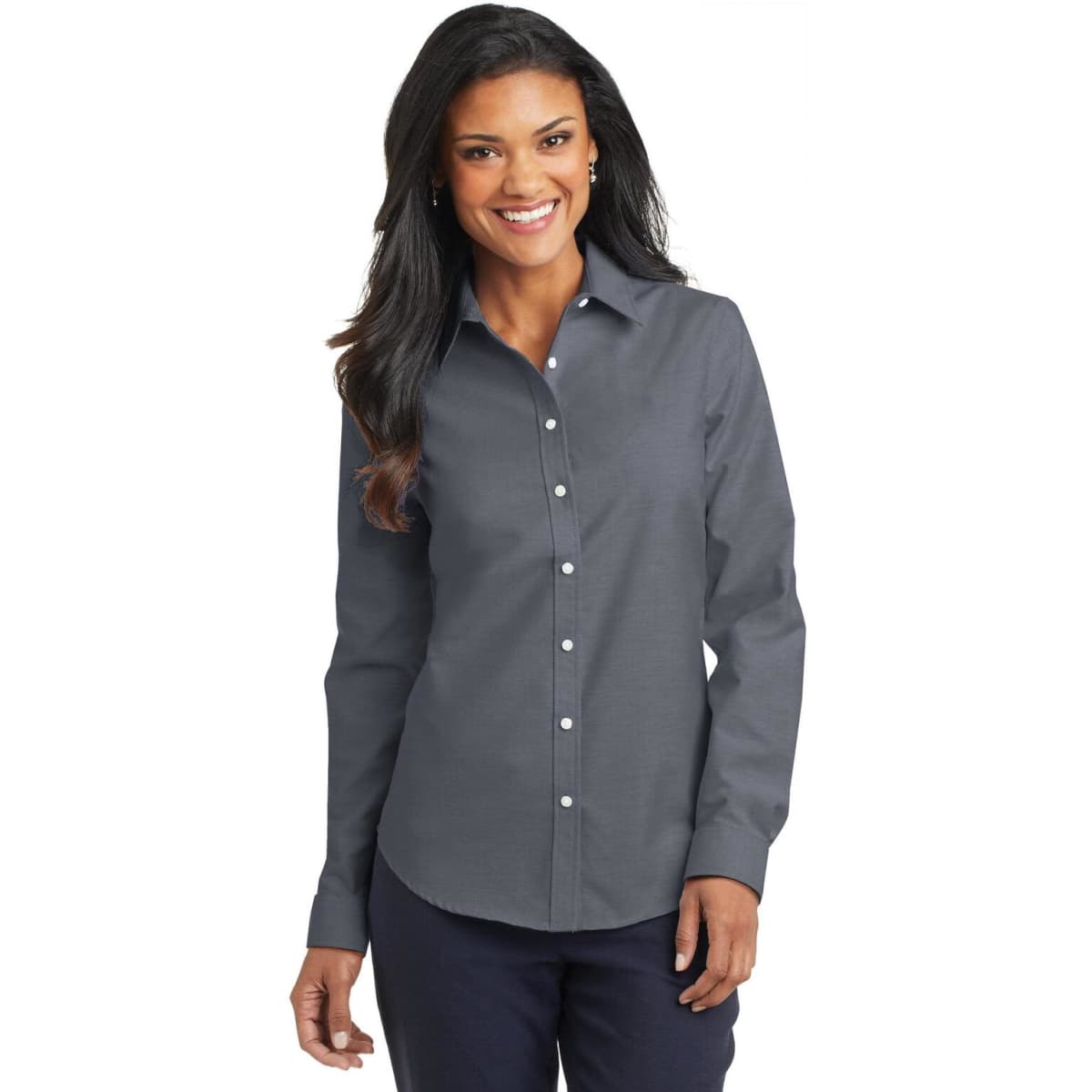 A grey button-up shirt for women with a collar and long sleeves. It features a subtle branding element.