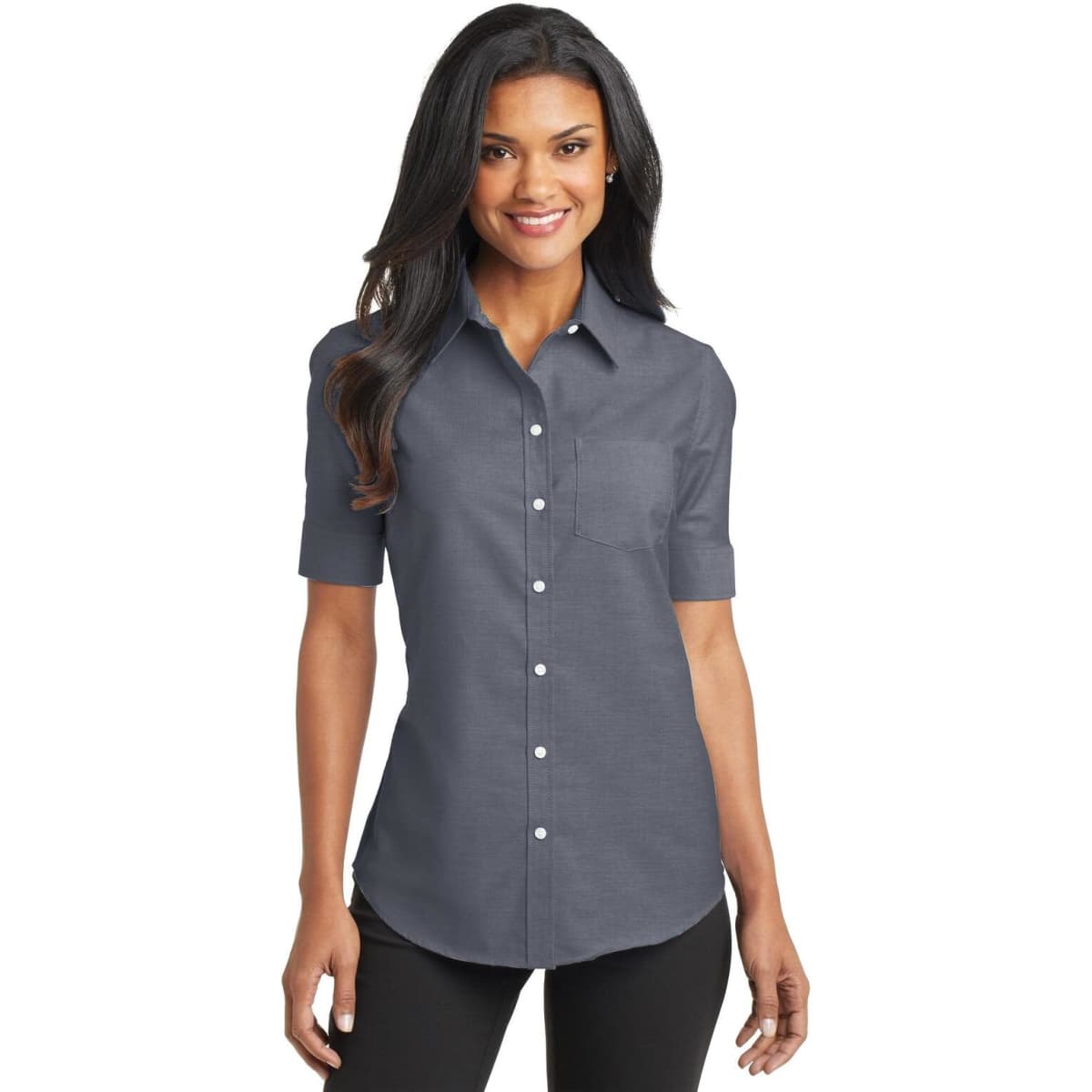 A fitted women's short sleeve button-up shirt in navy blue, featuring a pocket and brand logo.