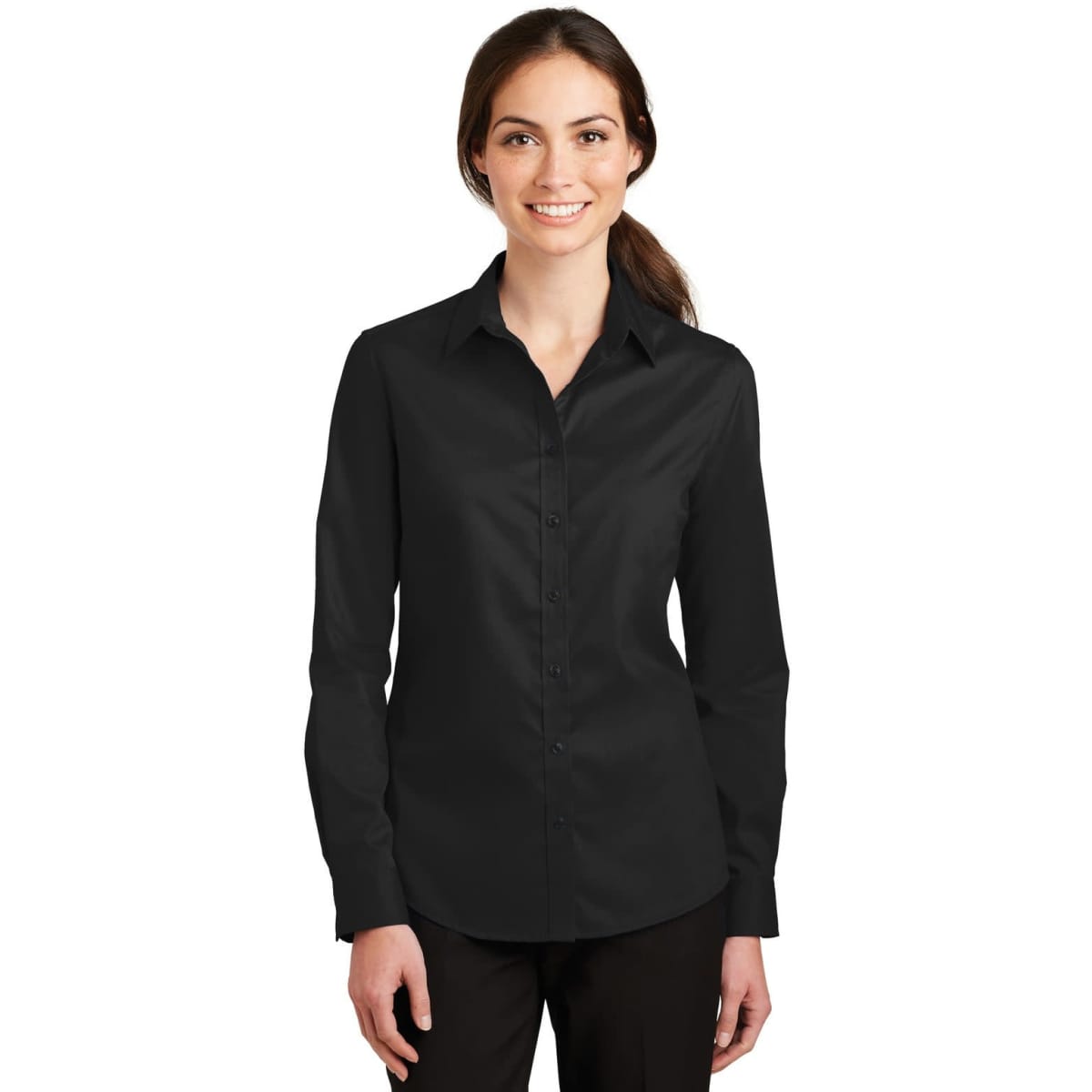 A black button-up shirt with long sleeves, featuring a collar and a logo on the chest.