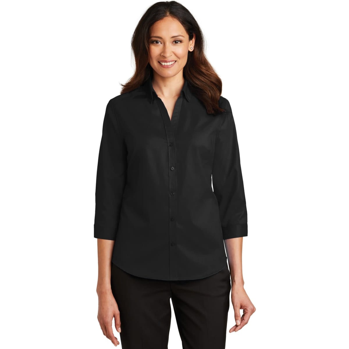 A black 3/4-sleeve button-up shirt with a collar, worn by a model, featuring a logo on the chest.