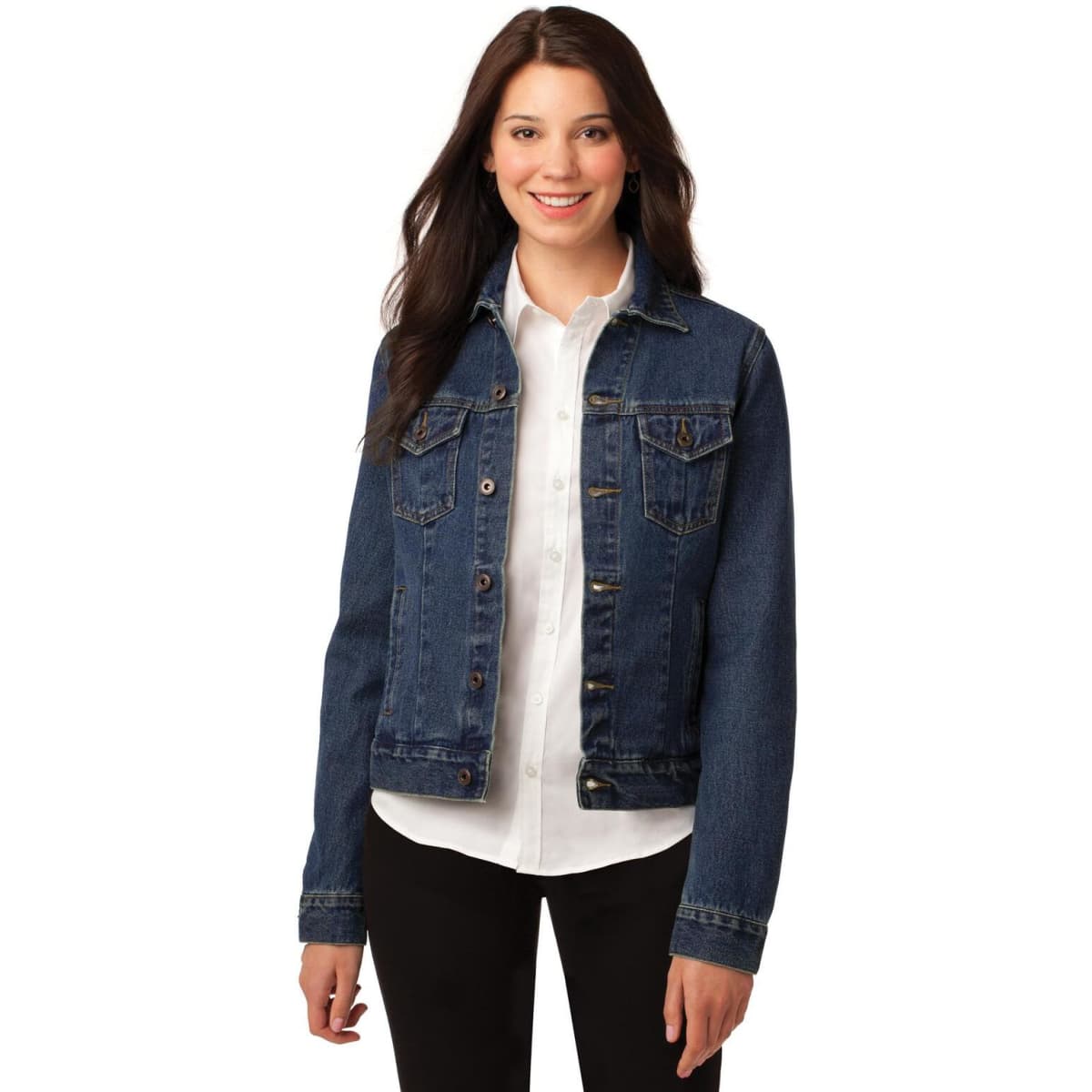 A denim jacket for women in a dark blue hue, featuring front pockets and buttons, with a logo present.