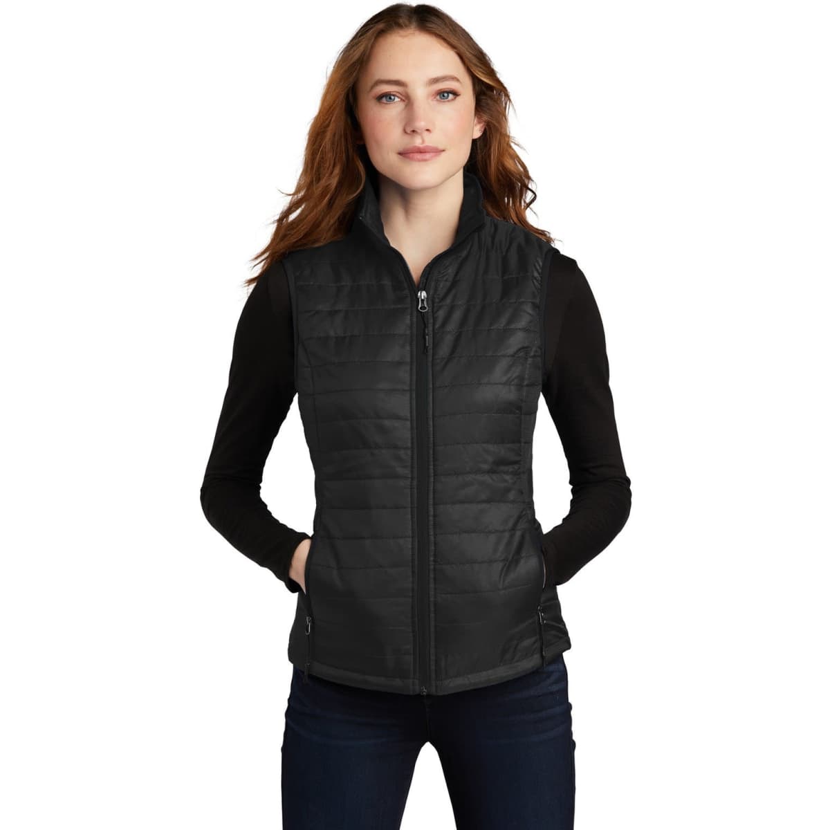A black ladies' packable puffy vest with a zip front, shown on a model. Features a logo on the design.