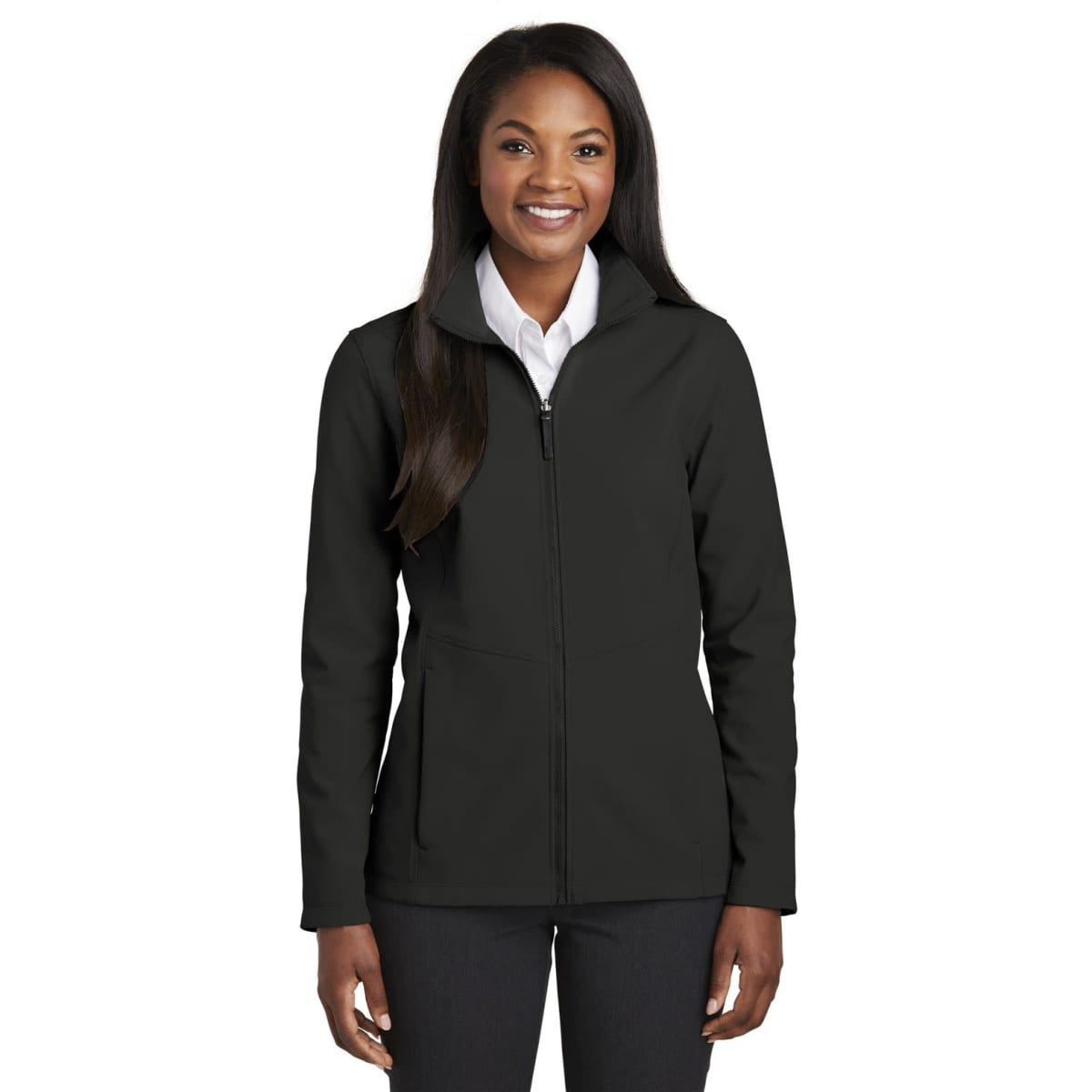 A soft shell jacket in black, featuring a zippered front and a collared design, with a logo present.