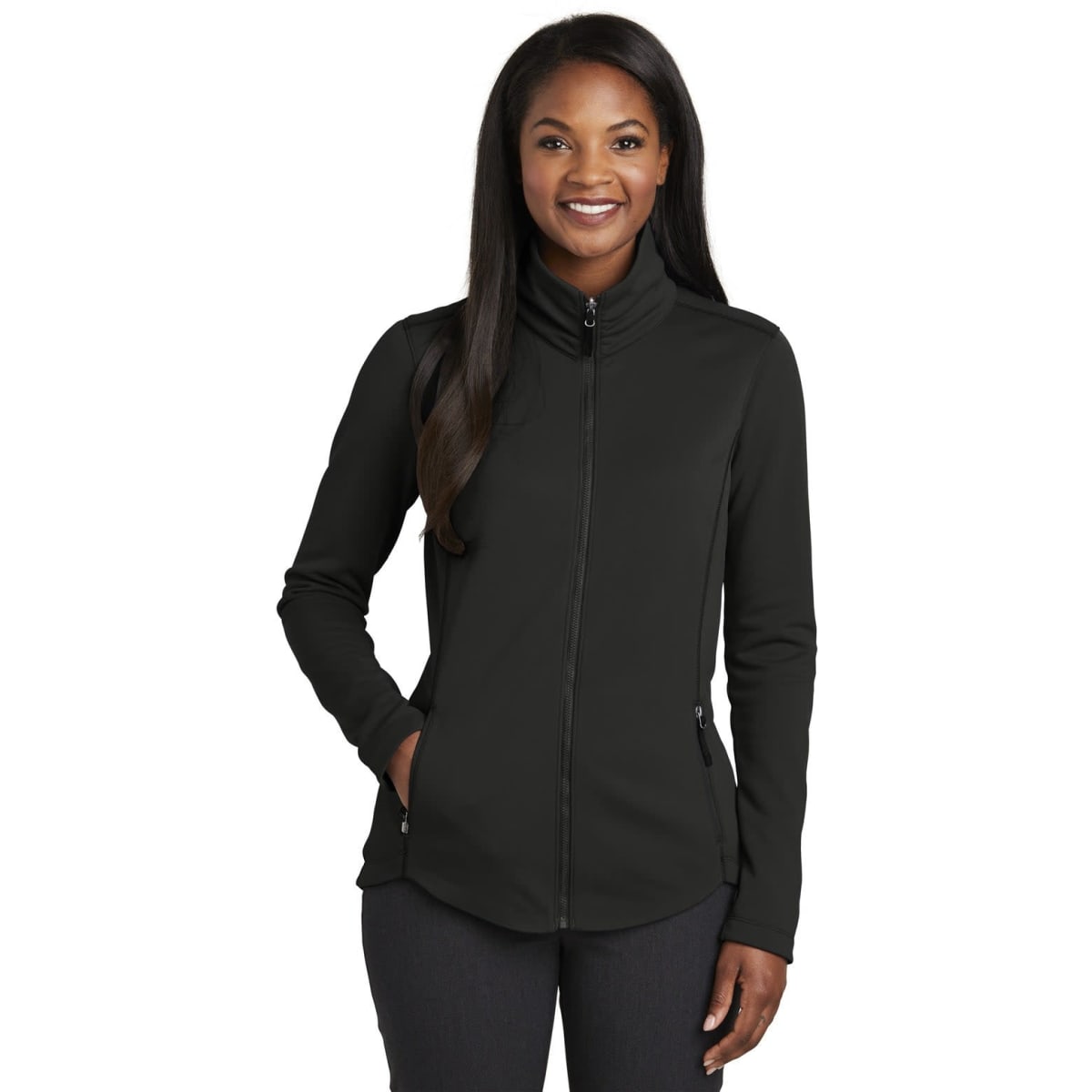 A black ladies' fleece jacket with a full zip and a stand-up collar, featuring pockets and a logo.
