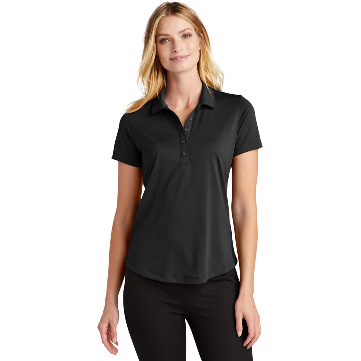 A black women's polo shirt with a buttoned collar and a fitted design. It has a logo on the chest.