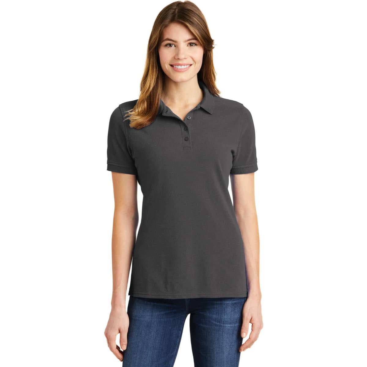 A woman wearing a dark grey polo shirt with a collar and short sleeves. The shirt has a logo on it.