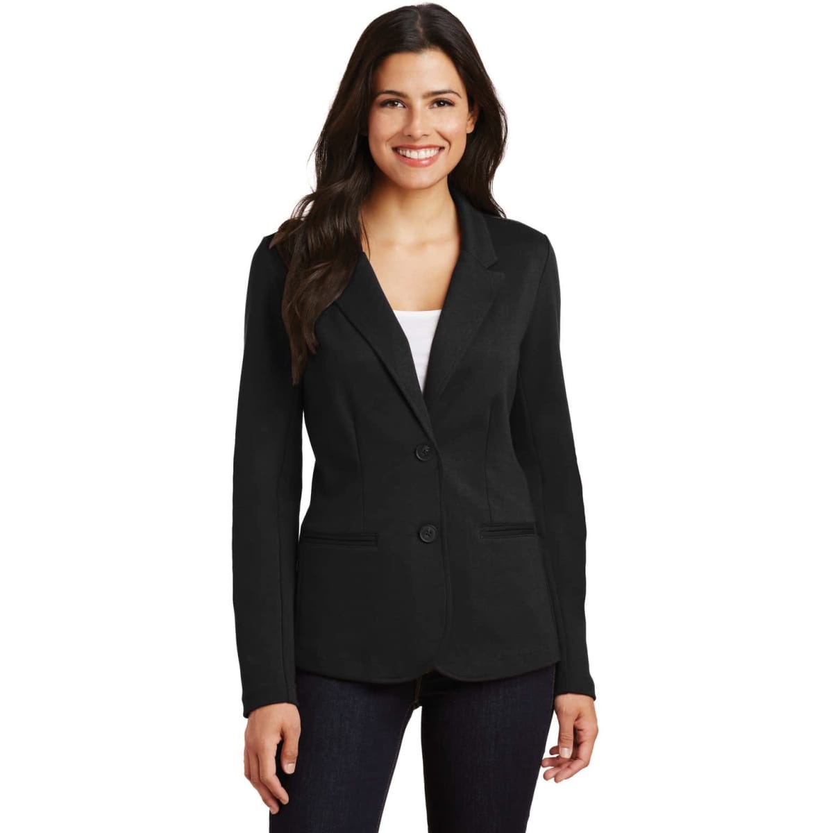 A black ladies' knit blazer with a fitted cut, featuring a logo and two front pockets.